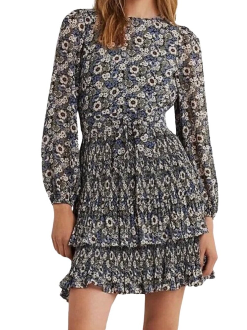 NWT Boden Women's Floral Plisse Tiered Mini Dress Long Sleeve Tie Size 6